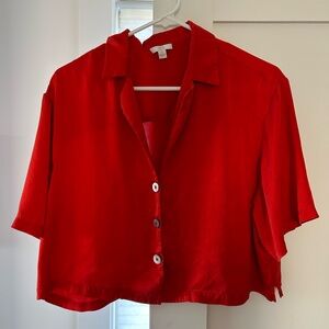 Lunya Red Washable Silk Button Up Short Set